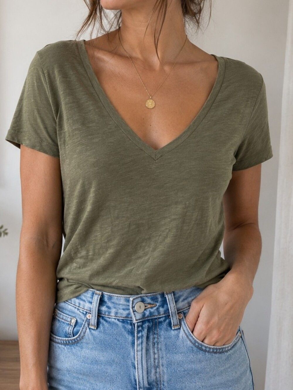 J.Crew Olive Vintage Cotton V-Neck Tee XXS Soft Casual Minimalist Top